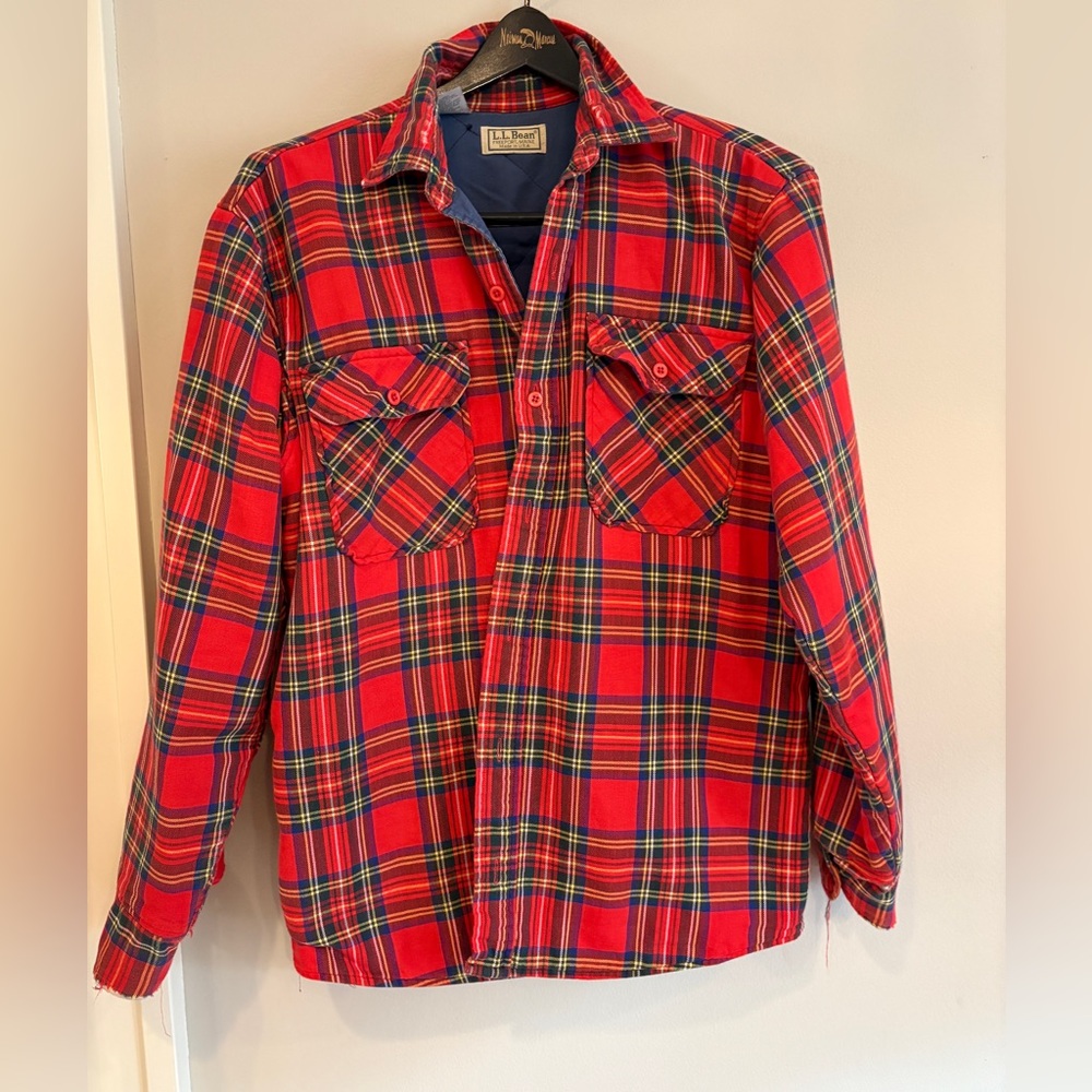 VINTAGE 1980s L.L. Bean Quilted Flannel Shirt Jacket USA Made Red Tartan Plaid